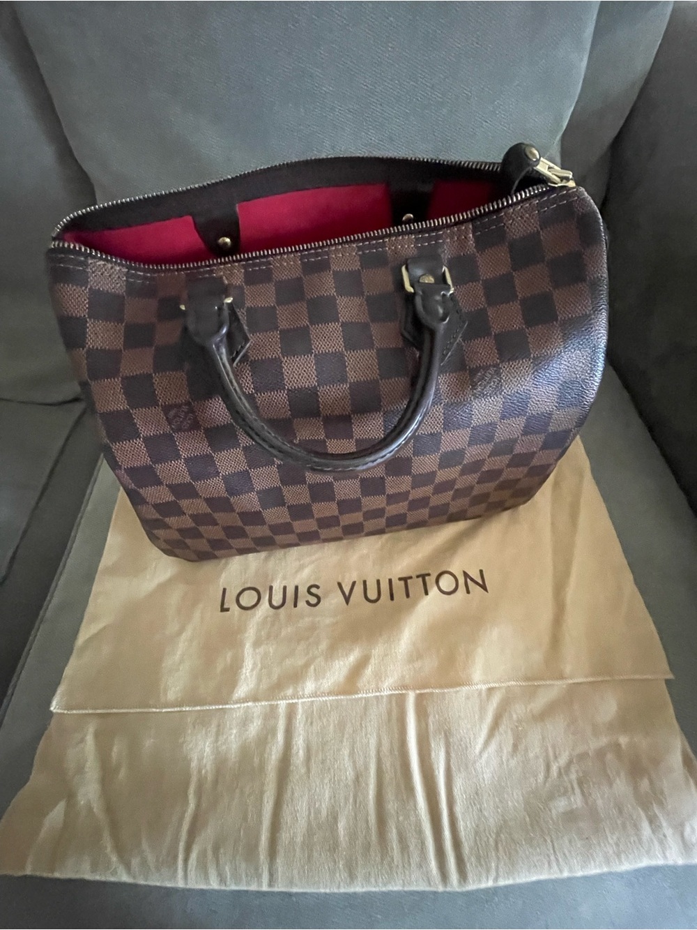 Louis Vuitton Brown Damier Ebene Satchel with Red Interior